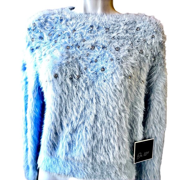 On 12th Blue Soft Fuzzy Pullover Sweater Rhinestones Beads Womens Small NEW - Picture 13 of 13